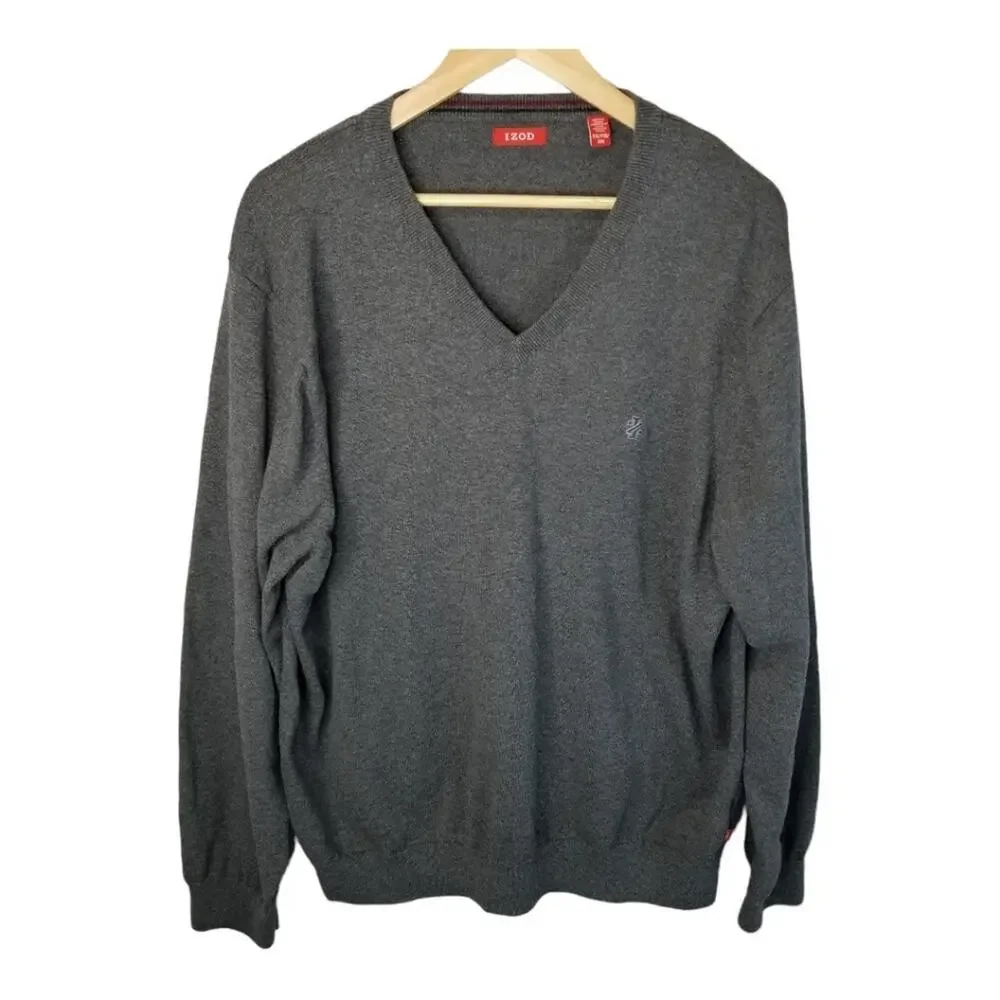 IZOD Sweater 2XL  Men's Fine Gauge Essentials V-Neck Solid Gray